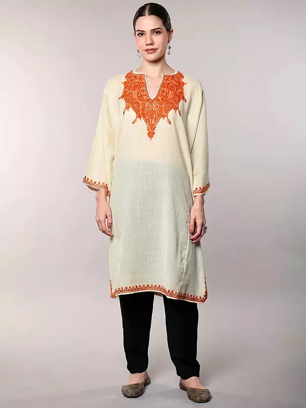 Kashmiri Phiran with Aari Embroidered Paisleys and Floral on Neck