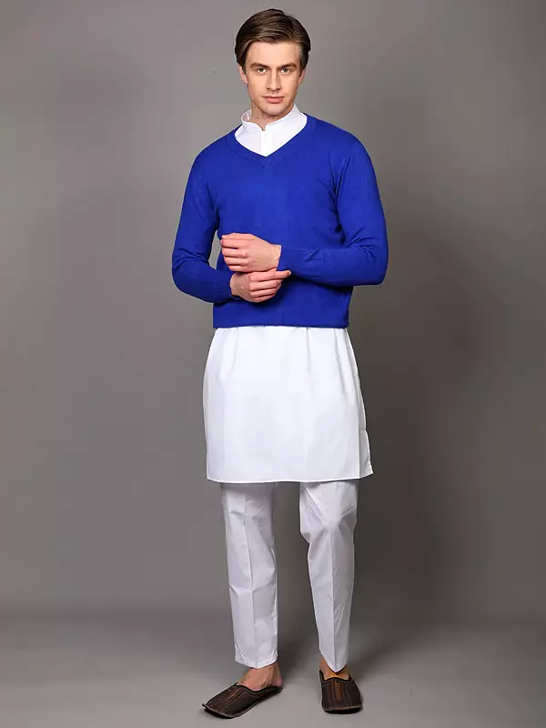 Dazzling-Blue V-Neck Cashmere Pullover Sweater