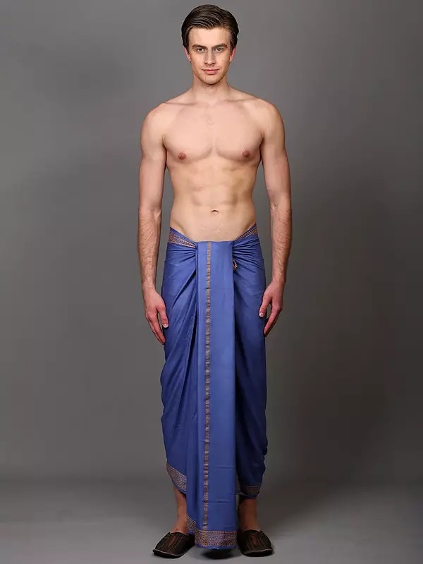 Forever-Blue Traditional Plain Dhoti with Thread Woven Border