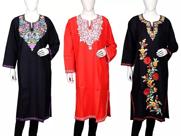 Lot of Three Kashmiri Phiran with Aari Embroidered Floral Motifs and Side Pockets