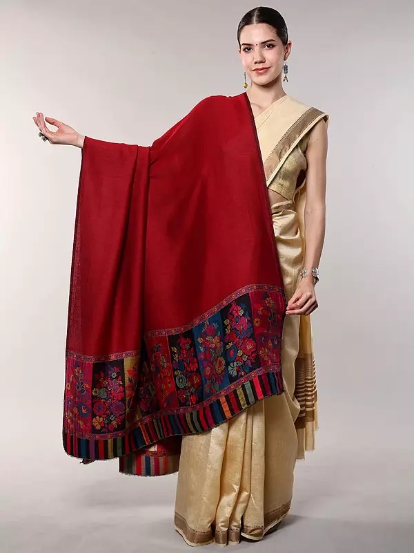 Mars-Red Reversible Wool Shawl with Floral Woven Palla