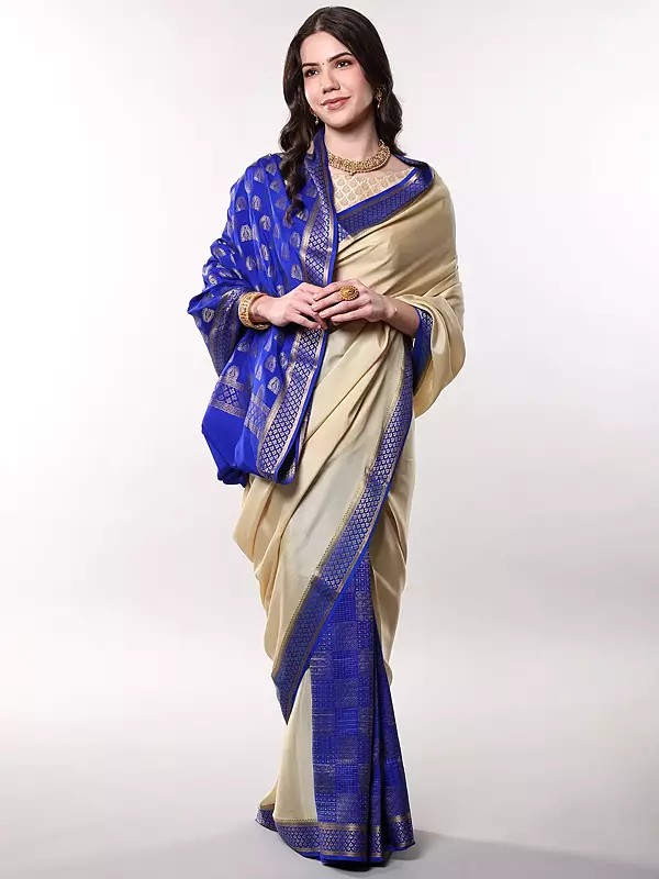 Anise-Flower Pure Silk Handloom Saree with Golden Thread Leaf woven Contrast Border and Anchal from Bangalore