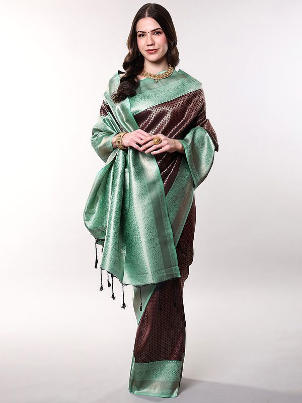 Bitter-Chocolate Zari woven Saree with Contrast Wide Border and Pallu from Bangalore