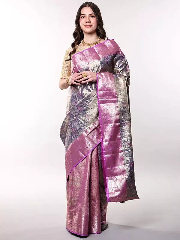 Purple-Haze Iridescent Dhoop Chaanv Saree with Woven Trees All-Ovcer and Contrast Paisleys Border from Bangalore