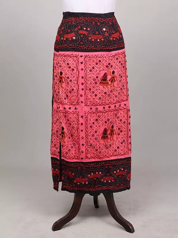 Geranium-Pink Embroidered Long Skirt with Mirror Work