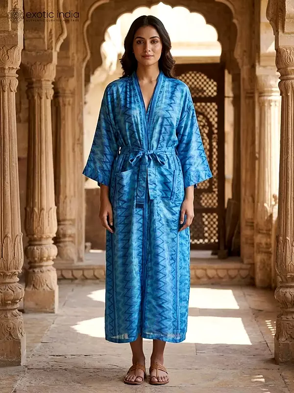Parisian-Blue Vintage Robe with Front Pocket from Jodhpur