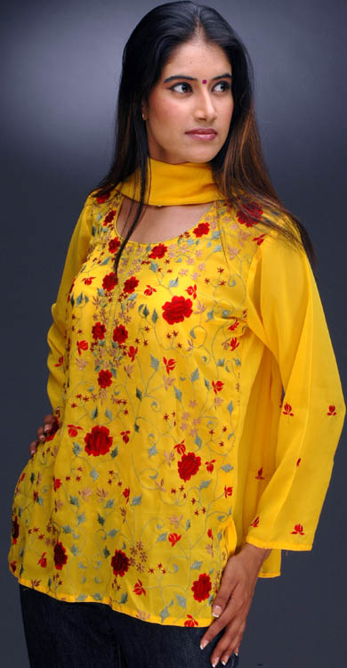 Golden-Yellow Embroidered Kurti Top with Stole
