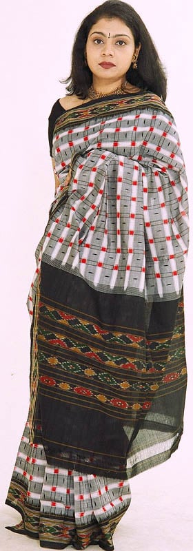 Gray and Black Pochampalli Sari with Ikat Weave