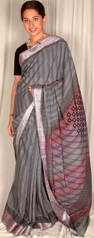 Gray and Silver Printed Chiffon Sari