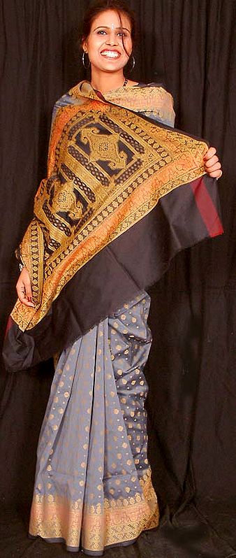 Gray Banarasi Sari with Bootis