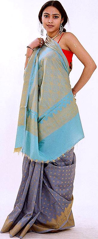 Gray Banarasi Sari with Turquoise Pallau