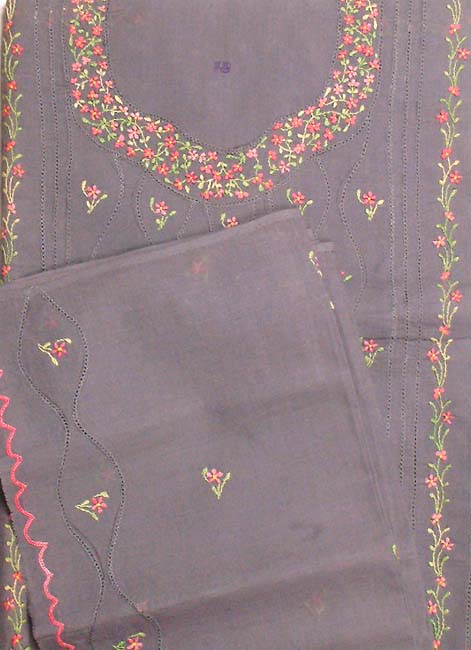 Gray Cotton Suit with Floral Embroidery