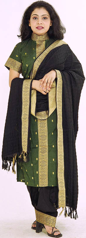 Green and Black Cotton Suit with Golden Thread Work