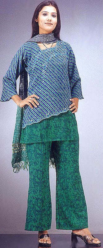 Green and Blue Fish Cut Designer Suit