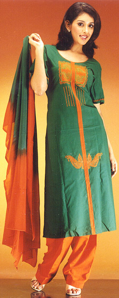Green and Orange Cotton Suit with Embroidery