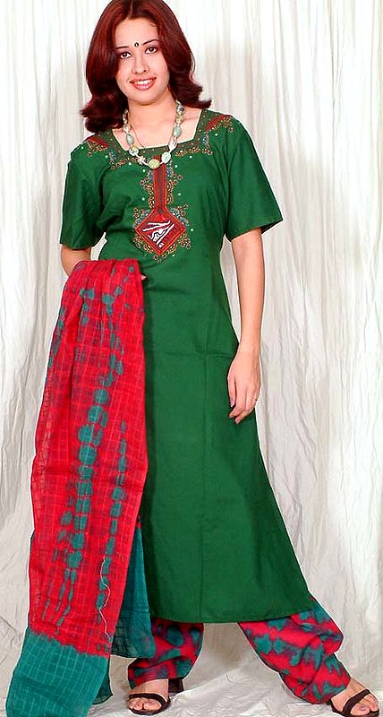 Green and Red Cotton Suit with Batik Dyed Dupatta