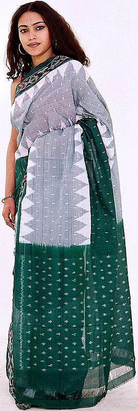 Green and White Ikat Sari