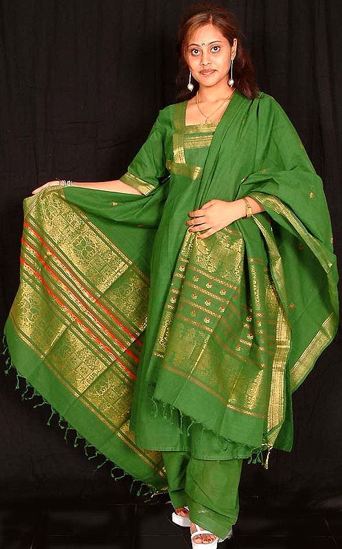 Green Cotton Suit with Golden Border