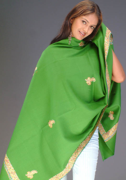 Green Kantha Stitch Shawl