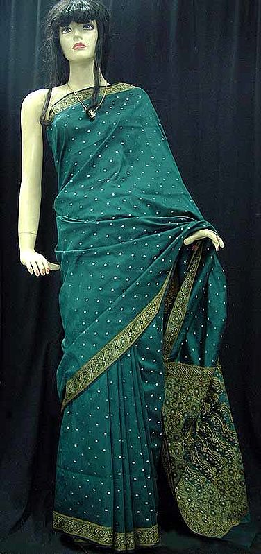 Green Party Wear Sari With Silver Butis