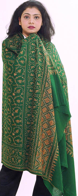 Green Pashmina Shawl with Dense Embroidery