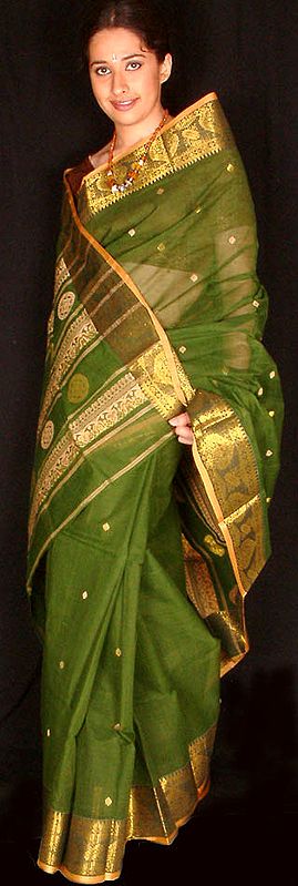 Green Sari with Golden Bootis and Border