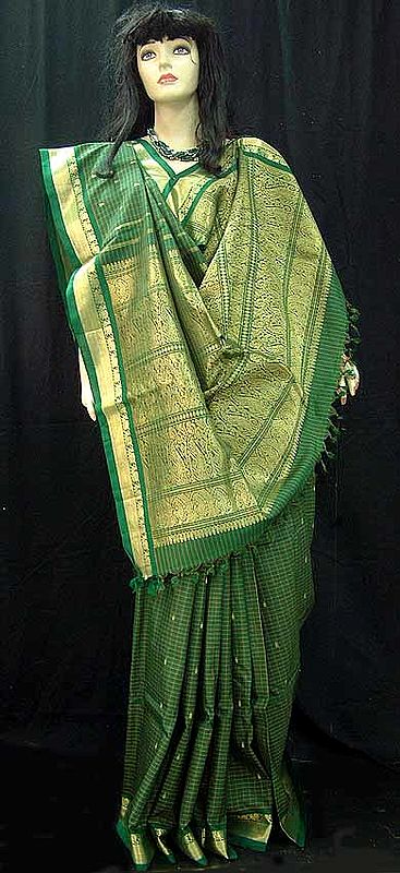 Green Silk Sari with Small Checks
