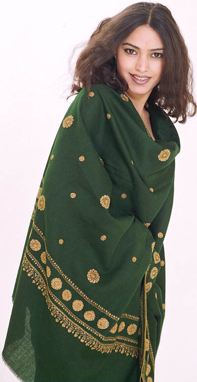Green Silk-Pashmina Shawl with Hand-Embroidery