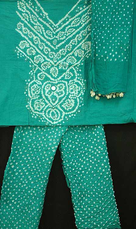 Green Tie and Dye Suit Set with Mirror Work