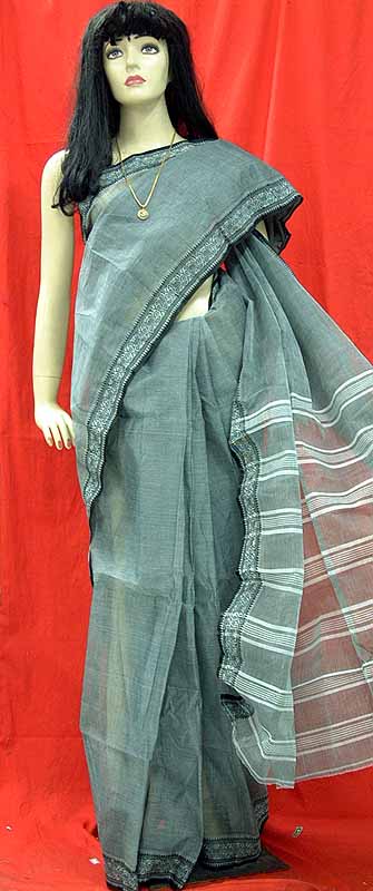 Grey Colored Bengal Cotton Sari with a Black Border