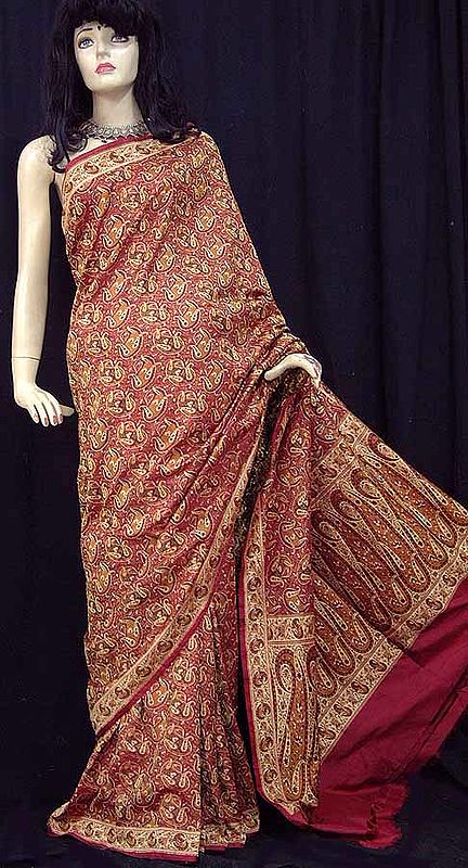 Hand Woven Paisley Sari with Embroidery All Over from Banaras