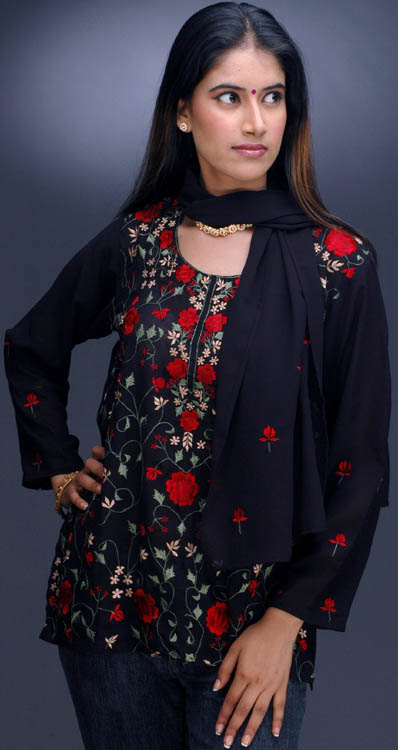 Hand-Embroidered Black Floral Kurti Top with Stole