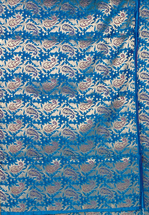 Hand-Woven Paisley Azure Silk Brocade from Banaras