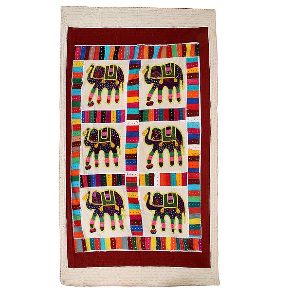 Flamboyant Multicolor Elephant Embroidered Kantha Patchwork Wall Tapestry from Gujarat