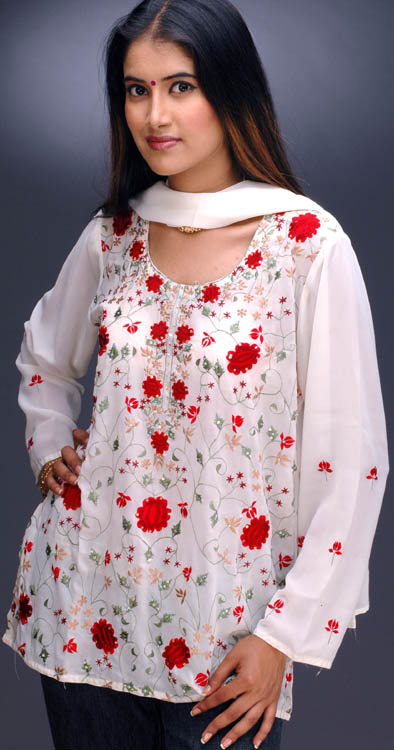 Ivory Embroidered Floral Kurti Top with Stole