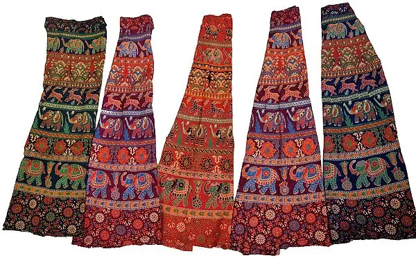 Lot of Five Wrap-Around Sanganeri Printed Long Skirts