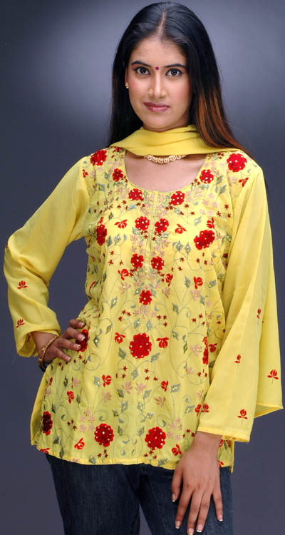 Lemon Yellow Embroidered Floral Kurti Top with Stole