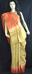 Light Brown And Orange Kora Silk Sari With Chungdi Print