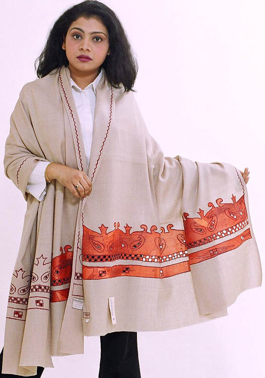 Light-Gray and Orange Shawl with Folk Motif