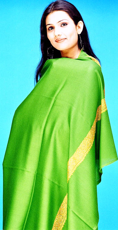 Lime-Green Shawl with Embroidered Border
