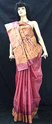 Magenta Raw Silk Sari With Gold Thread Weave
