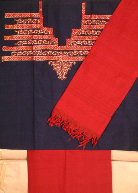 Maroon and Blue South Cotton Suit with Embroidery