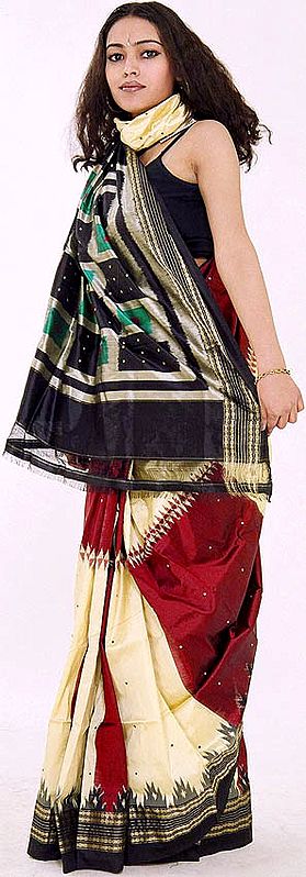 Maroon and Golden Designer Pochampalli Sari with Black Border