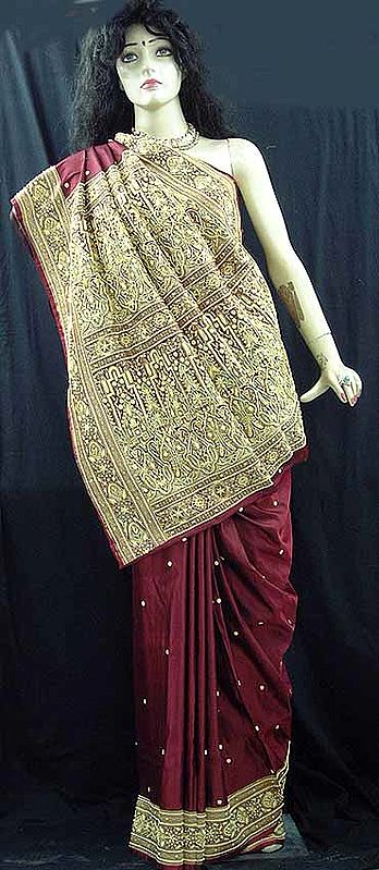 Maroon Color Bridal Sari With Heavy Zardozi Work