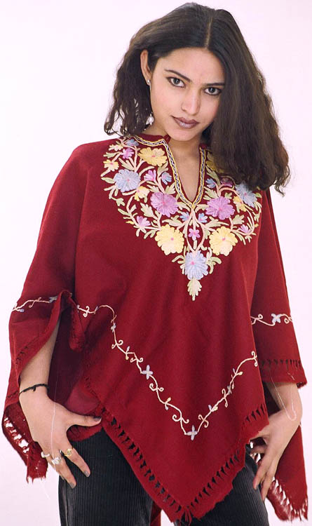 Maroon Kashmiri Ponchu with Floral Embroidery