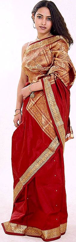 Maroon Rajkot Coimbatore Wedding Silk Sari with Golden Zari