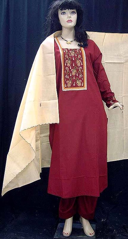 Maroon South Cotton Suit with contrast Dupatta