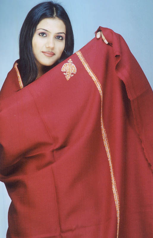 Maroon Woolen Shawl with Embroidery on Edges
