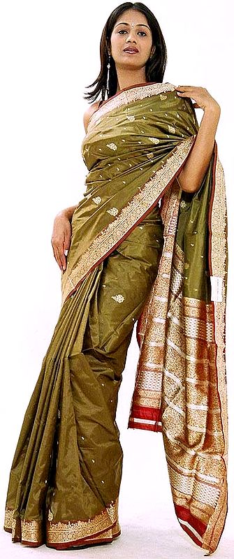 Mehandi Green Kathan Silk Sari from Banaras