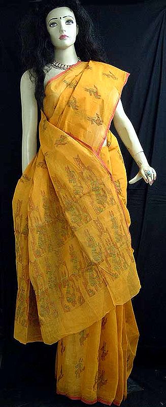 Mustard Color Kantha Stitch Cotton Sari